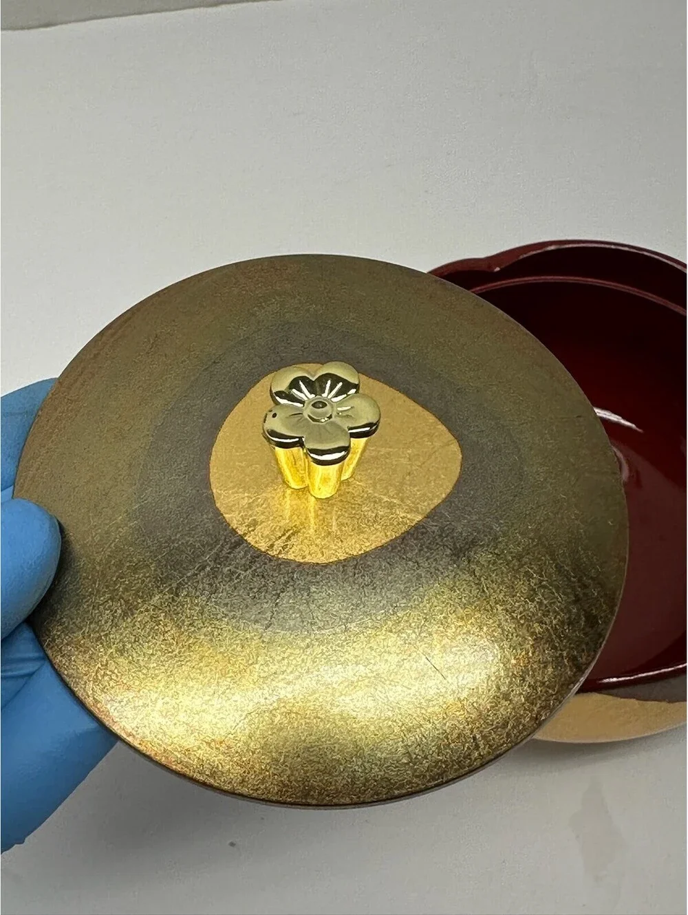 Vintage Japanese Style Lacquerware Lidded Bowl Gold & Red Flower Finial B-13-2